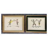 2/PC Vintage Hand-colored Fenceing Prints