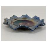 Blue Iridescent Carnival Glass Ruffled Dish