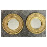 2/PC Small Round Mirrors Framed Gold Tone