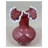 Fenton Cranberry Swirl Vase w/Ruffled Rim