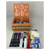 Vintage Sewing Box w/ Supplies- Bobbins, Zippers+