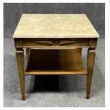 Carved Wood Table w / Portugal Limestone Top