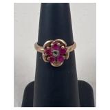 Sz 3.5 14k Gold Floral Ring w/ Rubies