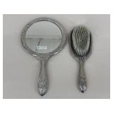 Silver Plate Hand Mirror & Brush / 2 pc