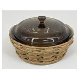 Vintage Pyrex Amber Glass Baking Dish In Basket