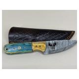 Custom Damascus Fixed Hunting Knife W/ Sheath