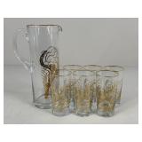 Pitcher & Juice Glass Set w/ Gold Tone Accents