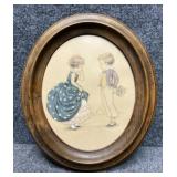 Boy & Girl Vintage Print in Oval Frame