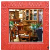 Large Square Beveled Mirror in Red Frame