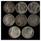 1916 - 1958 USA Better 90%-Silver Dimes (8)