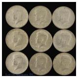 1964 USA Kennedy 90%-Silver Half Dollars (9)