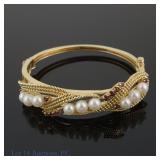 14K Y Gold Garnet Pearl (?) Cuff Bracelet