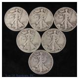 1942-1946 USA W/L 90%-Silver Half Dollars (6)