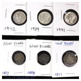 1853 - 1942 Various USA 90%-Silver Coins (6)