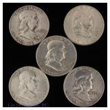 1949-1954 USA Franklin 90%-Silver Half Dollars (5)