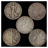 1934-1941 USA W/L 90%-Silver Half Dollars (5)