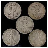 1942-1945 USA W/L 90%-Silver Half Dollars (5)
