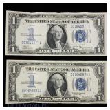 1934 USA $1 Silver Cert Blue w/ Cons S/Ns AU+ (2)
