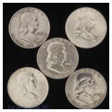 1953-1963 USA Franklin 90%-Silver Half Dollars (5)