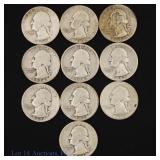 1934 - 1950 USA 90%-Silver Washington Quarters, 10