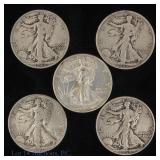 1935-1942 USA W/L 90%-Silver Half Dollars (5)