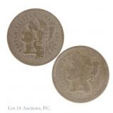 1867 & 1868 USA Nickel Three-Cent Coins (2)