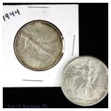 1943d & 1944 USA 90%-Silver Walking Liberty 50c, 2