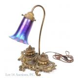 Antique Bronze Double Inkwell Lamp Glass Shade
