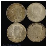 1964 USA Kennedy 90%-Silver Half Dollars (4)