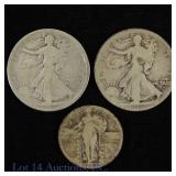 1916 - 1927 USA 90%-Silver W/L 50c & S/L 25c (3)