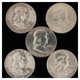 1952-1959 USA Franklin 90%-Silver Half Dollars (5)