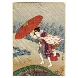 Utamaro Woodblock Print "Sheltering From the Rain"