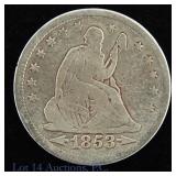 1853 USA Silver Liberty Seated 25c Arrows & Rays