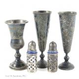 Sterling Silver Salt & Pepper Shakers, Cups (5)