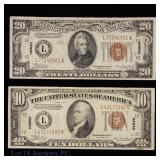 1934-A USA $10 & $20 Fed. Res. Notes-Brown Seal, 2