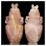 Two Antique Chinese Rose Quartz Urns