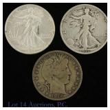 1912 - 1943 USA 90%-Silver Half Dollars (3)