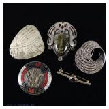 Five Sterling Silver Pins, Approx 2.8ozt. t.w.