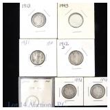 1892 - 1943 USA 90%-Silver Dimes (7)