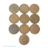 1865 - 1871 USA Copper 2-Cent Pieces (10)