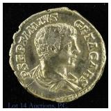 (208 AD) Roman Emp. Geta Silver Denarius (VF*)