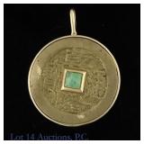 Ancient Chinese Coin Pendant w/ Jade and 14k Gold