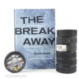 7 Signed Blackhawks Pucks + Signed Break Away Book
