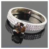 14k White Gold Ring w/ Diamonds and Smoky Quartz