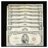1928 - 1963 U.S. $2 & $5 Lg. Demand Notes - Red, 8