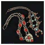 2 Silver Turquoise Coral Squash Blossom Necklaces