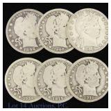 1892 - 1916 US 90%-Silver Barber Quarters (6)