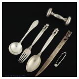 Sterling Silver Rattle, Pin, Letter Opener & More