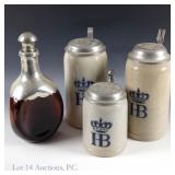 Three HB Steins, .5L, 1L, 1L, Pinch Bottle
