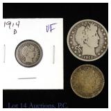 1903 25c, '12 50c & '14d US 10c Silver Barbers, 3